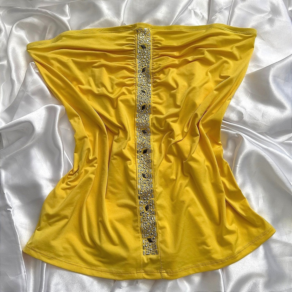 Deb Women Yellow Rhinestone Ruched Tube Top Strapless Y2K Party Blouse Plus 1X